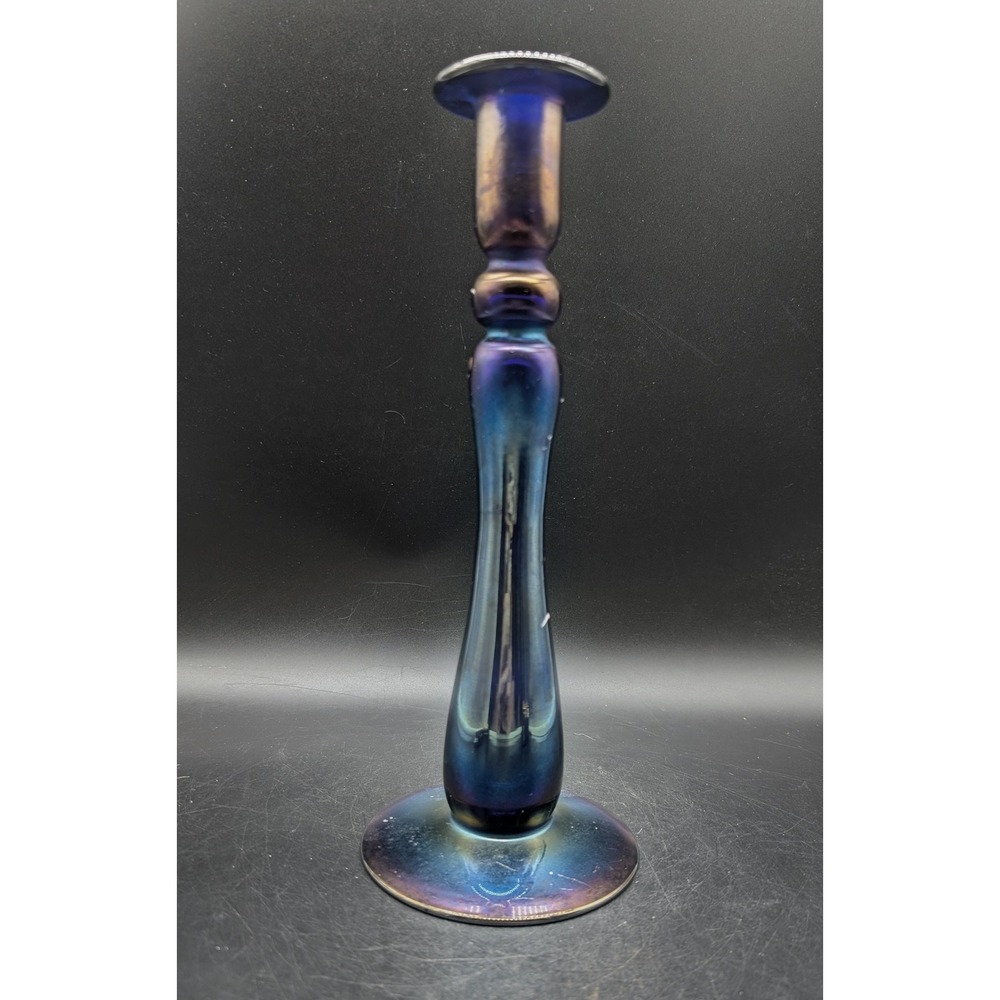Imperial Glass Free Hand  Iridescent Blue Carnival Candlestick Holder Vintage